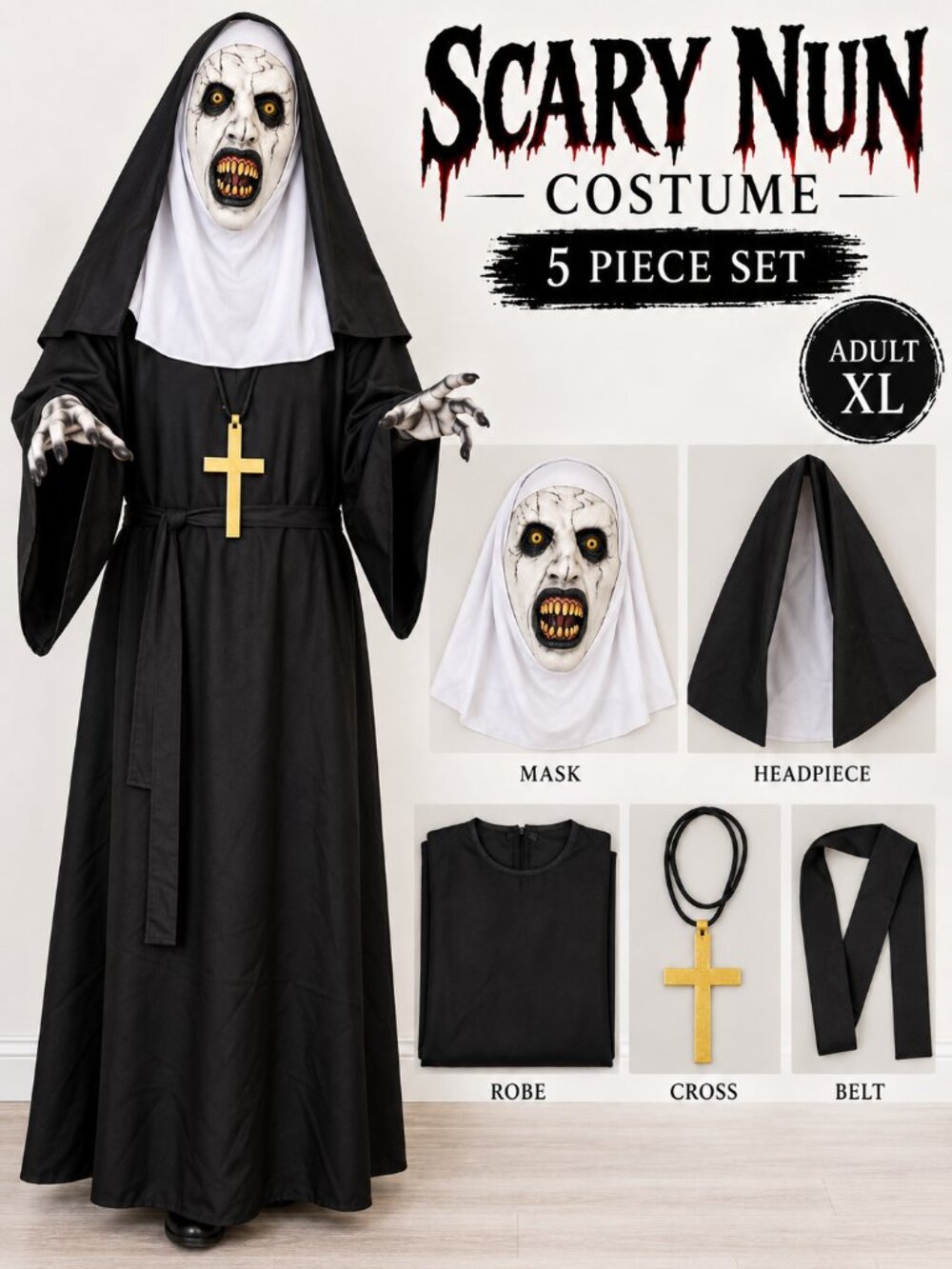 Scary Evil Nun Halloween Horror Costume Adult XL Mask Robe 5 Piece Set